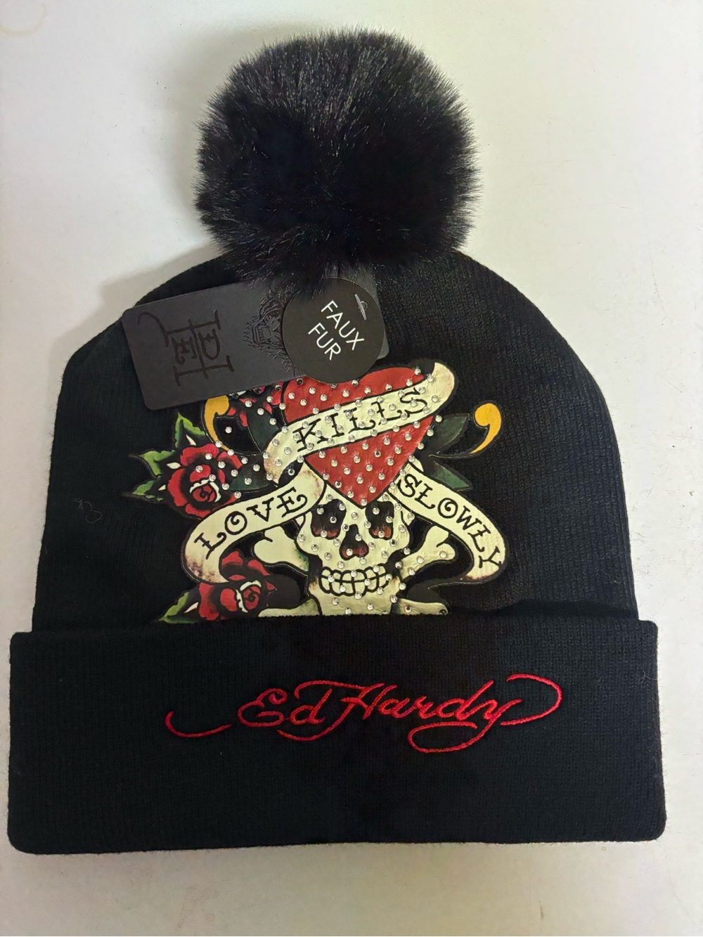Ed Hardy Black Knit Beanie with Red Script Logo & Skull Rose Patch